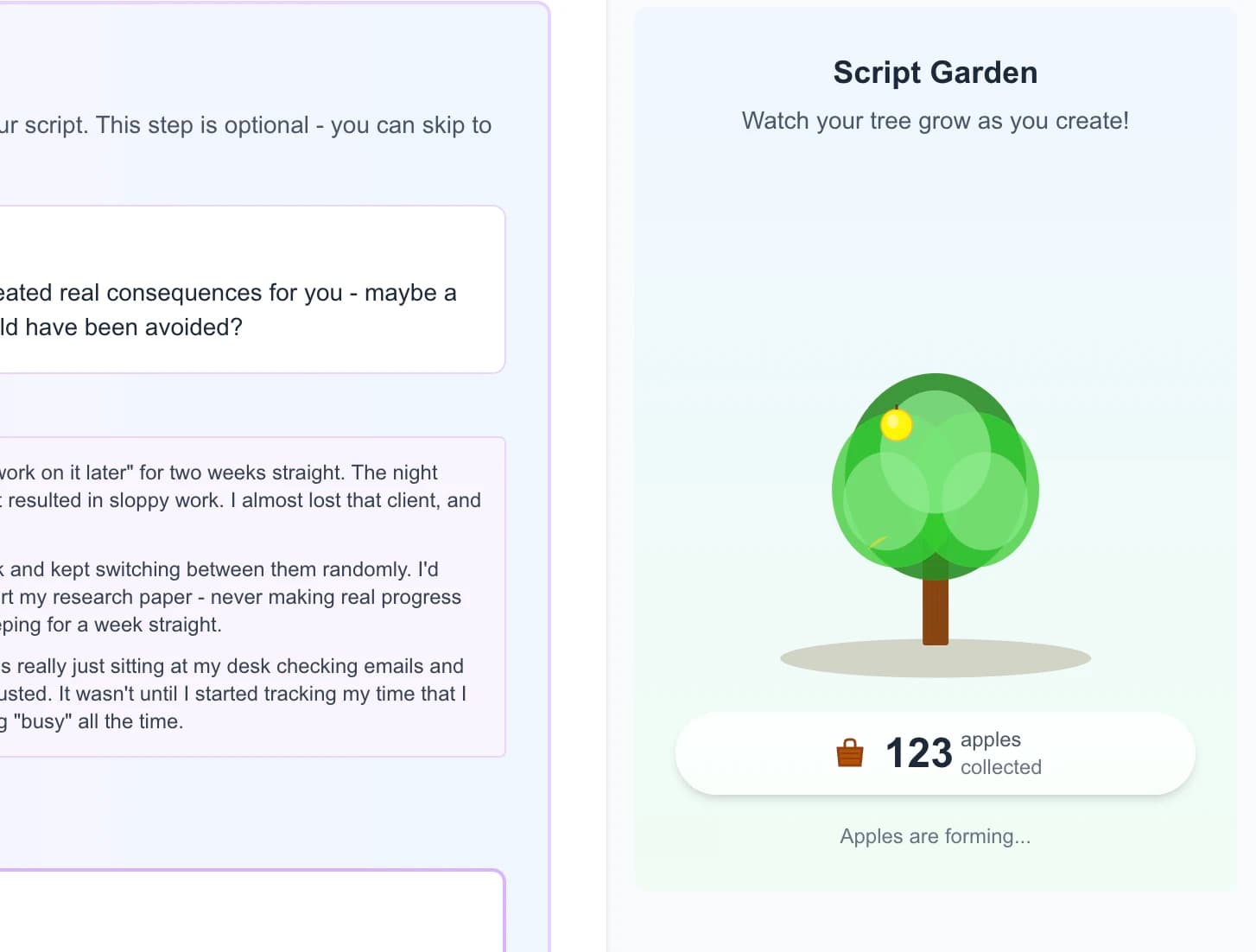 Script Garden tree visualization with apple progress indicators